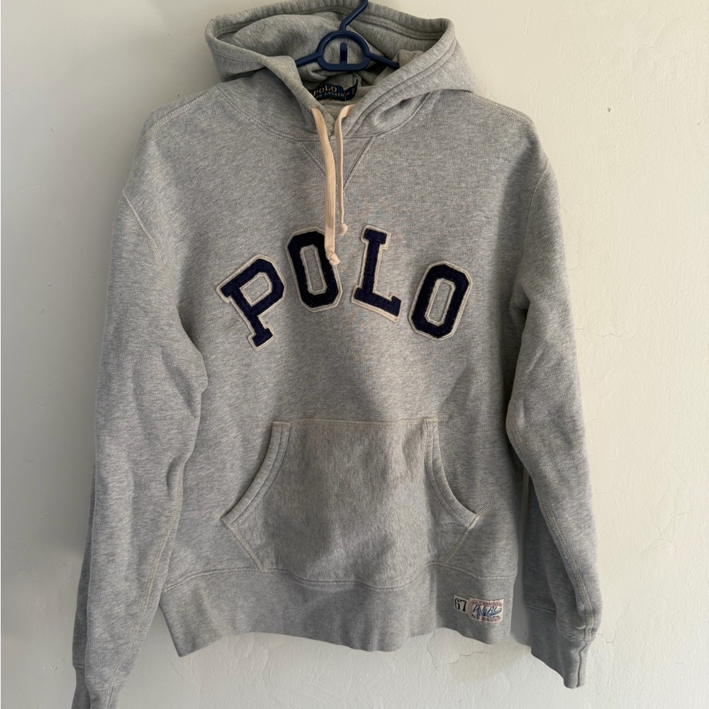 Ralph Lauren Heather Gray Pullover Hoodie with Beige Drawcords